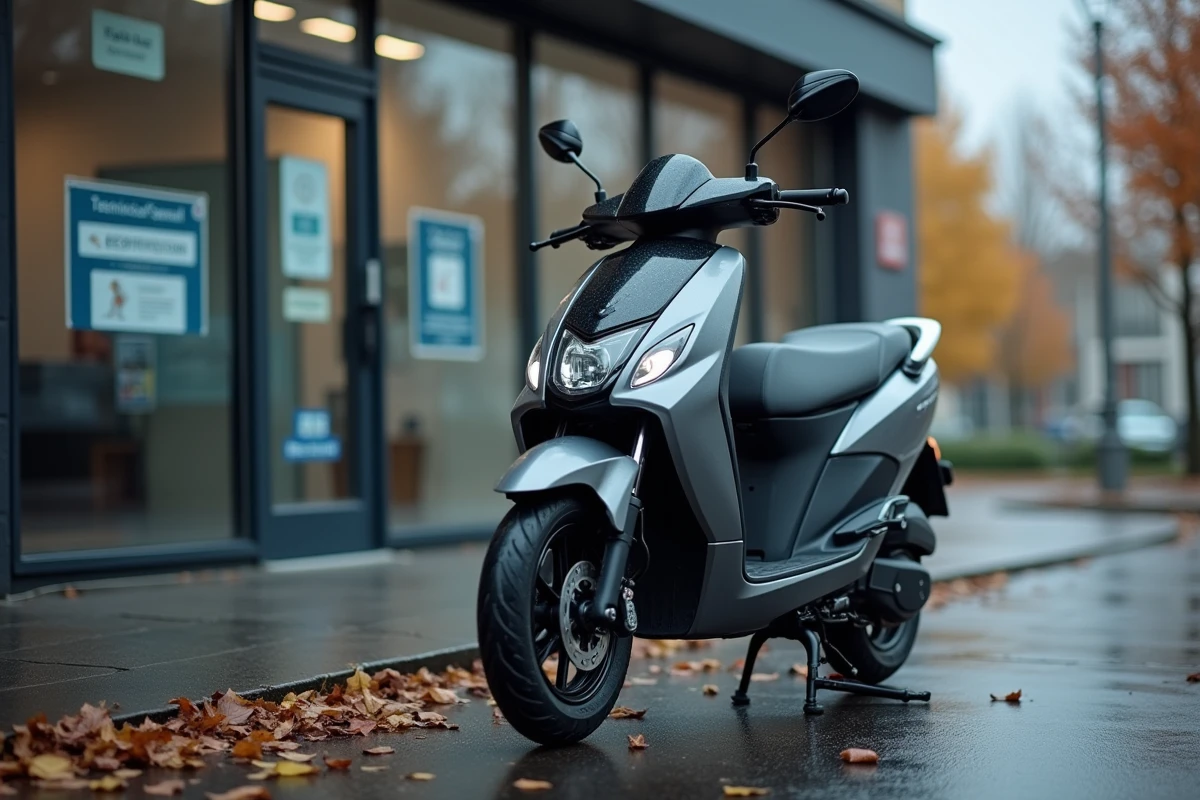 Scooter électrique garé devant un centre de contrôle technique agréé avec affichage officiel