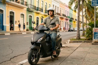 Jeune homme avec un scooter en ville à Cayenne, portant un casque blanc, dans un contexte urbain typique de Guyane française