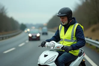 Scootériste en gilet jaune consulte son contrat d'assurance sur le bord d'une autoroute française