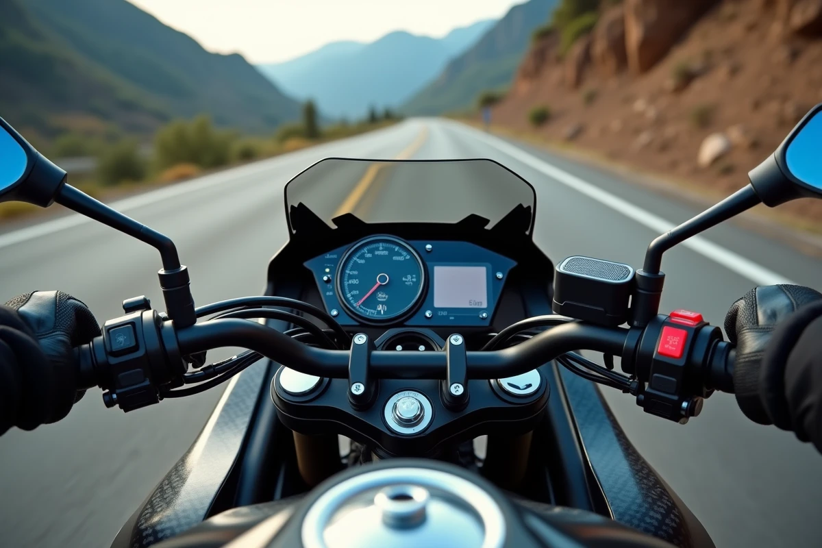 Tableau de bord d'une moto rapide avec compteur de vitesse et mains gantées sur le guidon en route de montagne