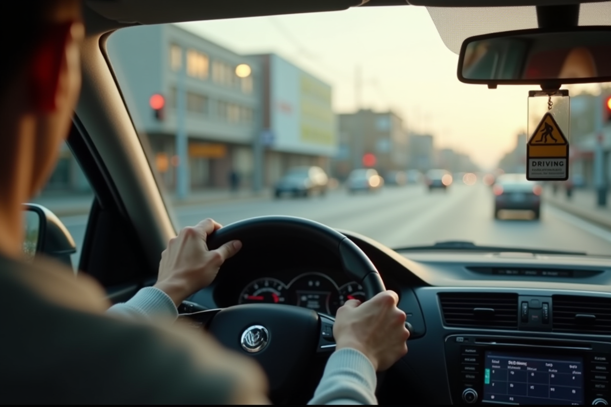 Vue du tableau de bord avec mains sur le volant en ville
