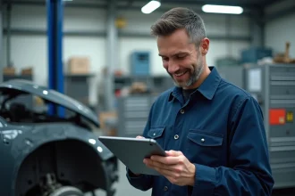 Technicien automobile consultant un devis de réparation sur tablette dans un garage professionnel moderne