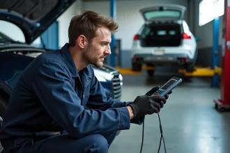 Technicien automobile diagnostiquant un problème de BPGA avec un outil de scan OBD dans un atelier professionnel