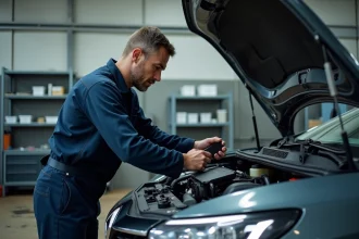 Technicien automobile diagnostiquant une panne Renault avec un scanner OBD2 dans un garage professionnel