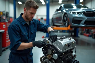 Technicien automobile professionnel installant une pièce moteur haute performance dans un atelier spécialisé en préparation moteur