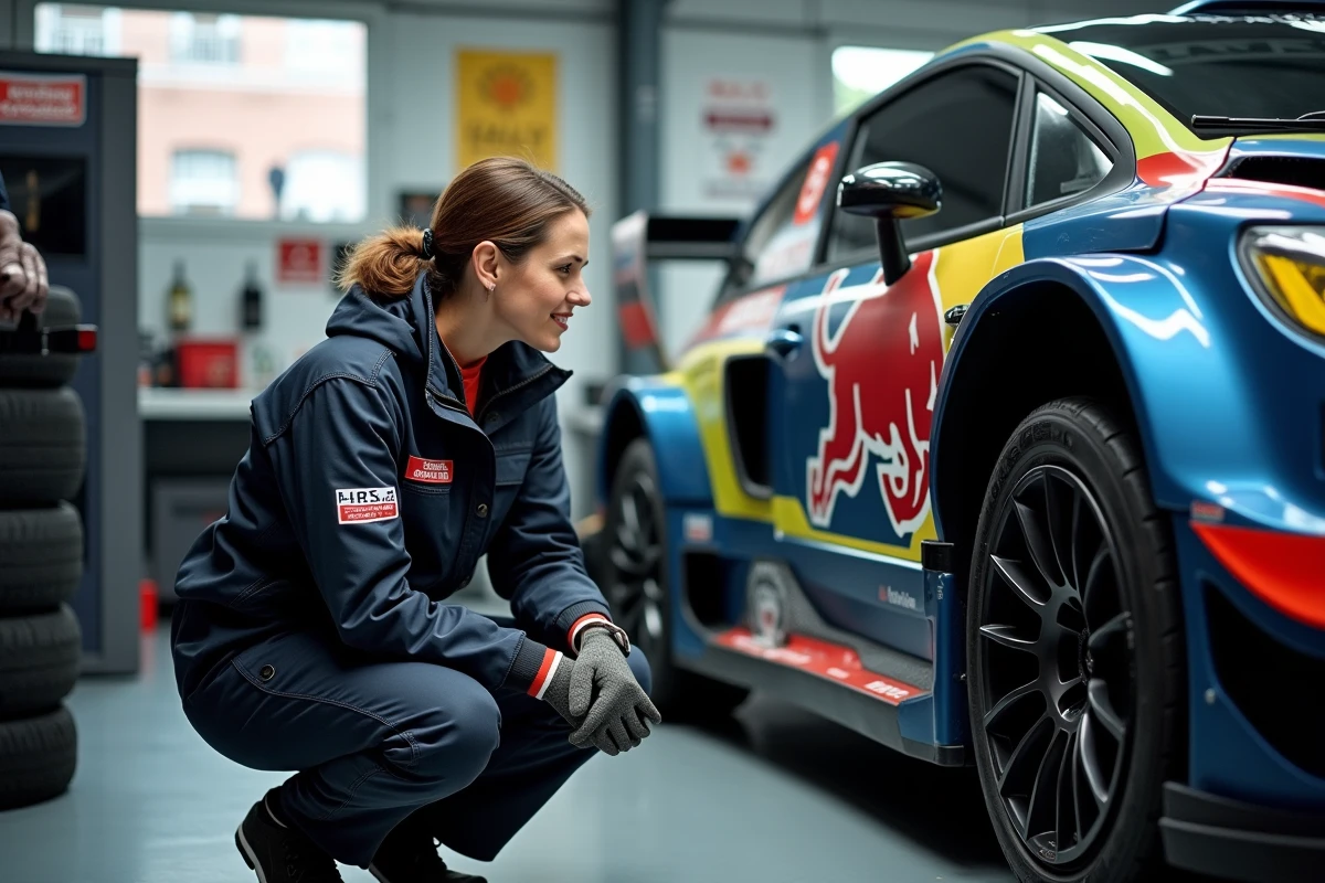 Technicienne en garage pr&eacute;parant une voiture rallye