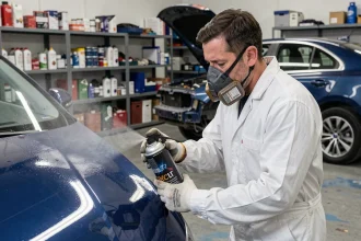 Technicien carrossier appliquant un vernis 2K en bombe sur un panneau de carrosserie bleu métallisé dans un atelier de réparation automobile professionnel