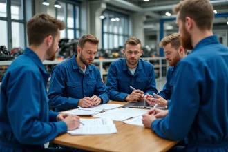 Groupe de techniciens automobiles en formation dans un atelier moderne