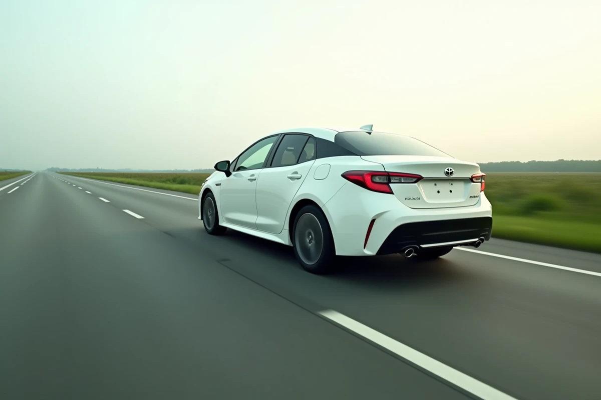 Toyota Corolla hybride blanche roulant à grande vitesse sur une autoroute en rase campagne