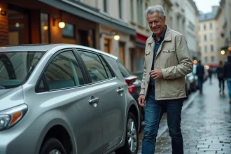 Homme sortant d'une Toyota Corolla hybride argentée garée dans une rue urbaine pavée