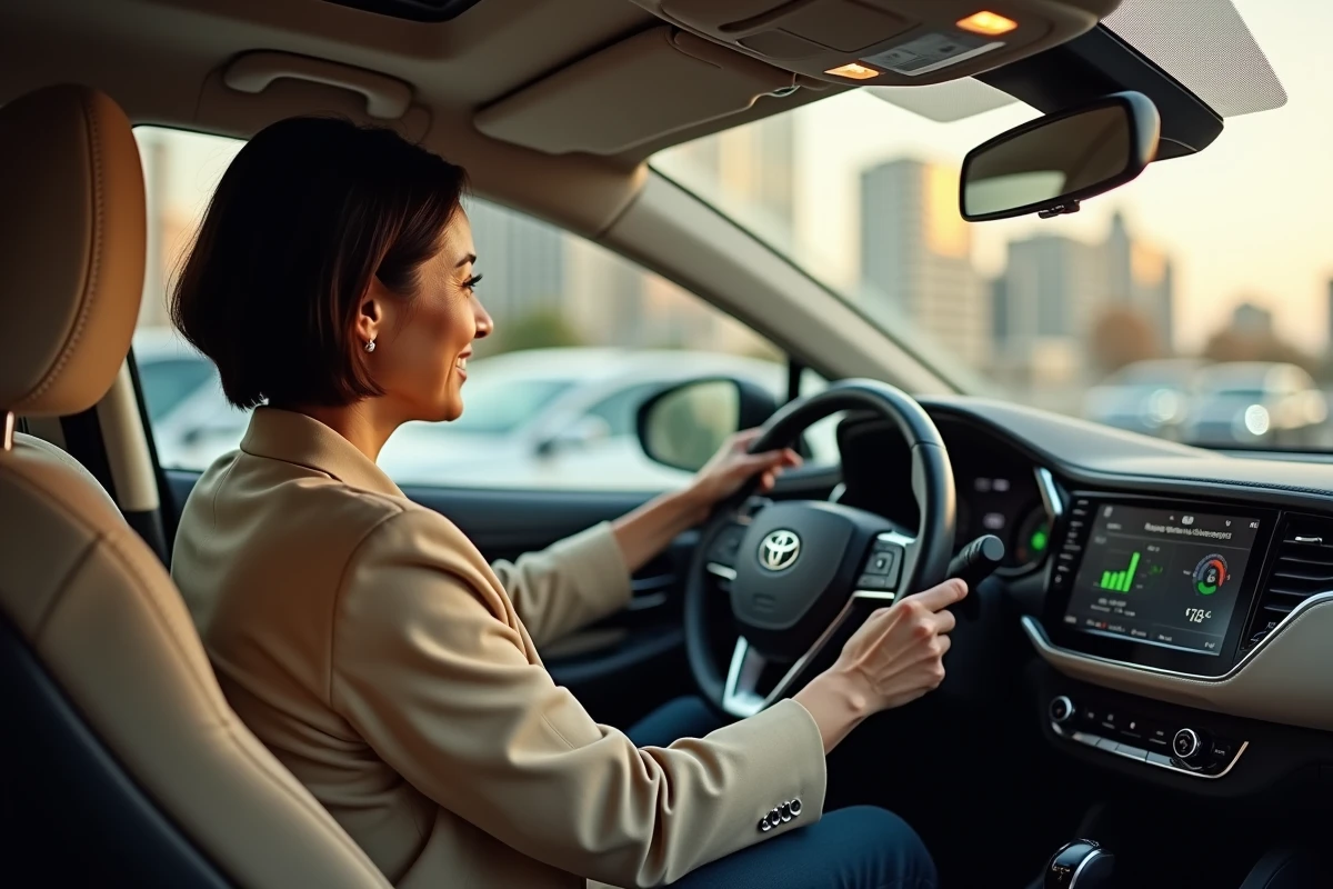 Conductrice regardant l'écran hybride à bord d'une Toyota Corolla hybride en ville