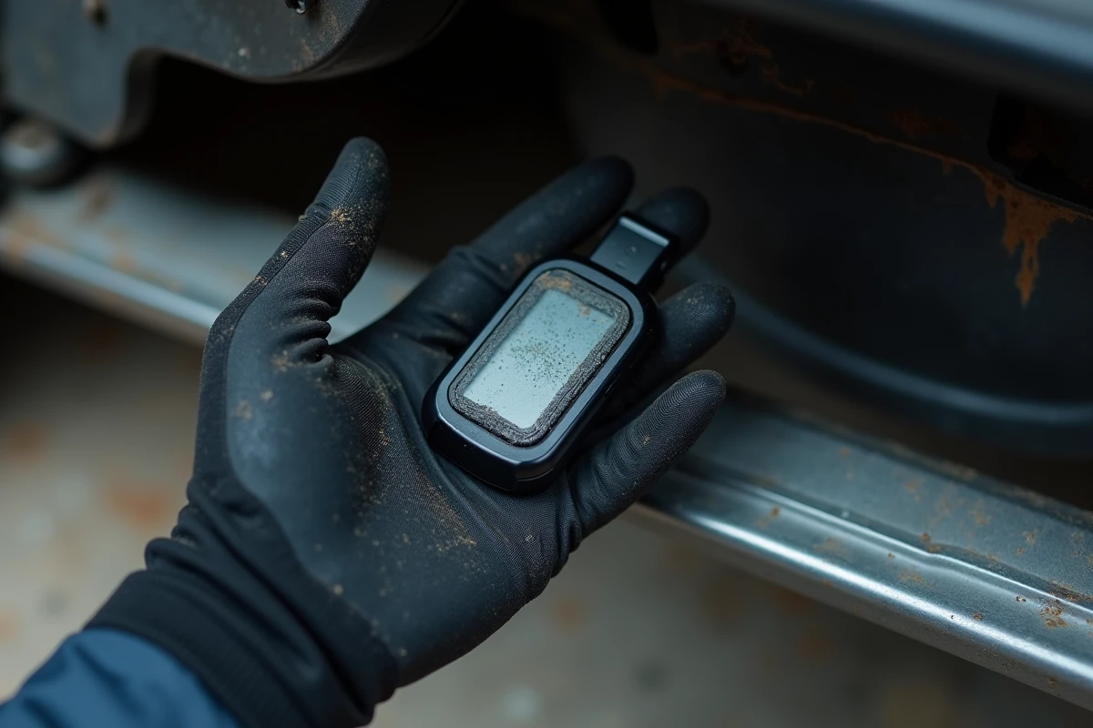 Traceur GPS découvert sous un véhicule tenu dans une main gantée avec une checklist d'inspection en arrière-plan