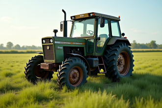 Tracteur d'occasion dans un champ ensoleille avec textures détaillées