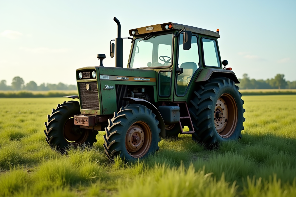 Tracteur d'occasion dans un champ ensoleille avec textures détaillées