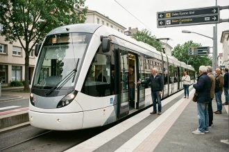 Tramway de la ligne t5 à l'arrêt en station urbaine avec des passagers sur le quai