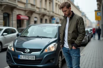 Jeune homme ukrainien examine sa plaque d'immatriculation urbaine