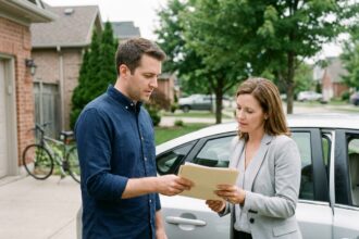 Vendeur de voiture remettant les documents de vente à un acheteur particulier devant un véhicule d'occasion dans une allée résidentielle