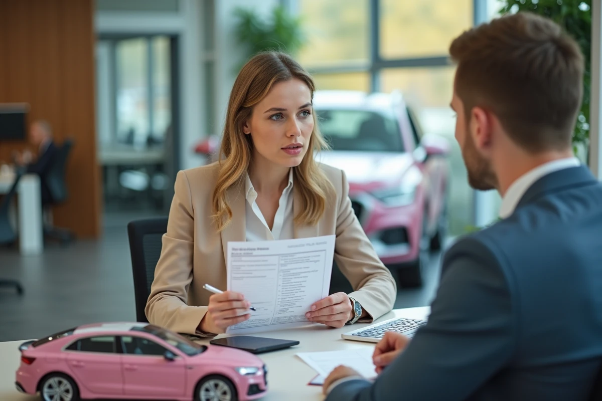 Femme examinant attentivement un bon de commande pour une Audi A1 rose dans le bureau d'un concessionnaire automobile