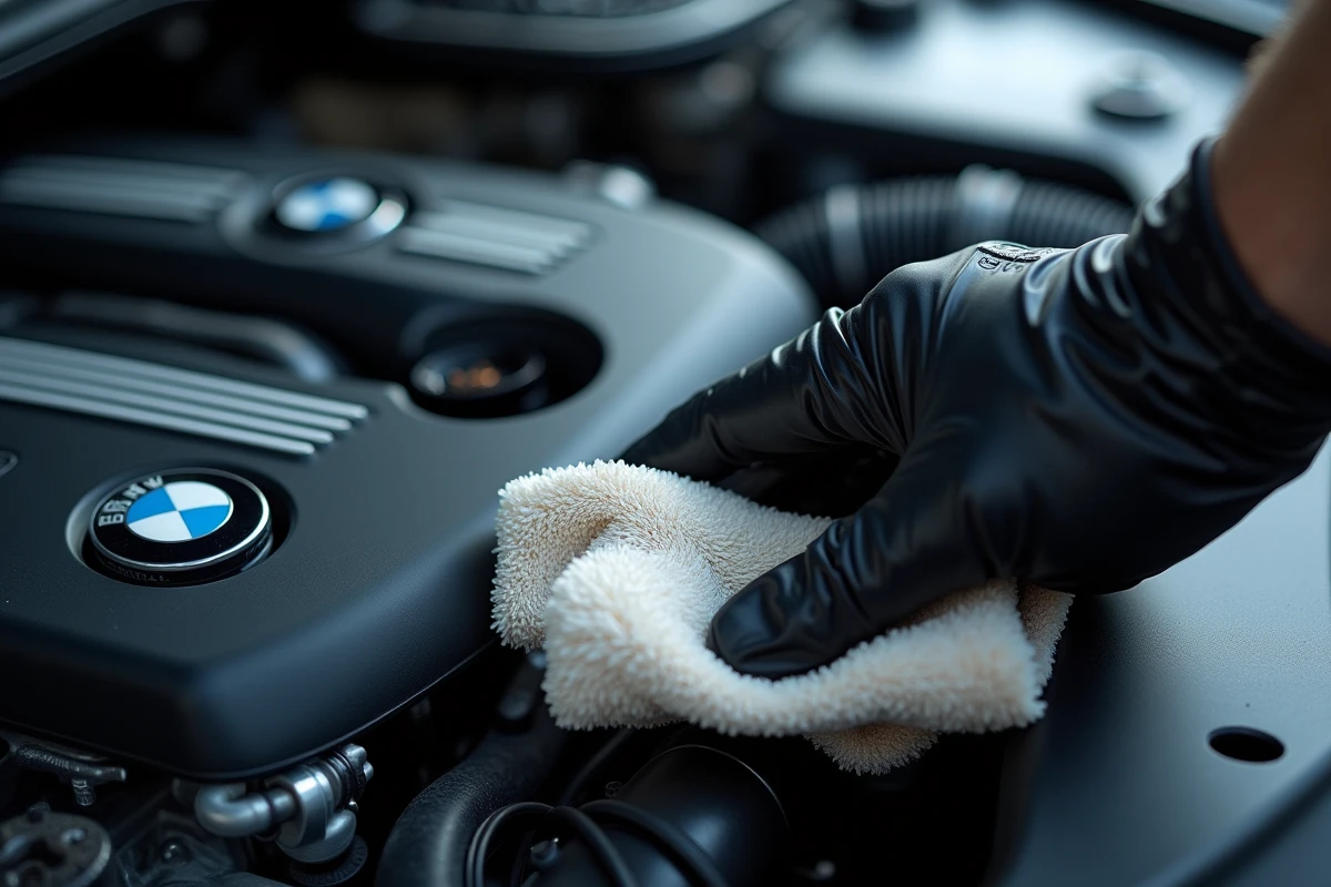 Vérification du niveau et de la qualité d'huile sur un moteur BMW M47 lors d'une inspection avant achat