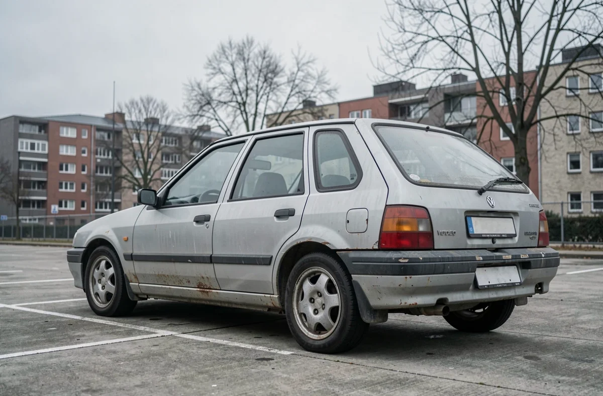 Vieille voiture économique aux carrosseries abîmées garée dans un parking urbain, illustrant le cas typique d'une assurance au tiers