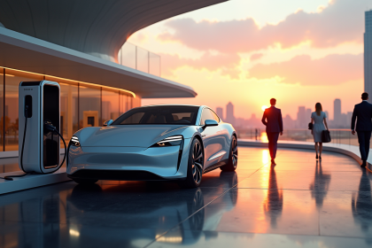 Voiture électrique moderne en charge au lever du soleil dans la ville