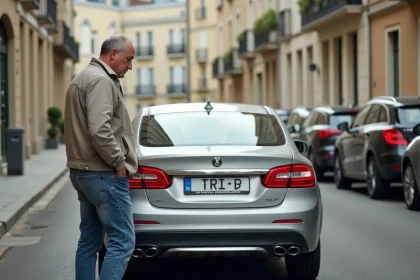 Homme d'&acirc;ge moyen examinant une plaque TR sur une voiture fran&ccedil;aise