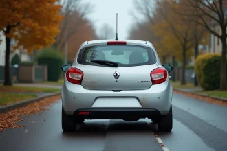 Voiture compacte diesel 1.6 HDI garée dans une rue de banlieue française en automne