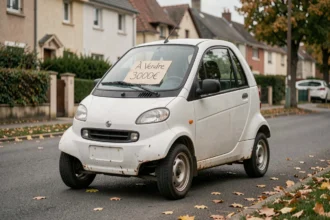 Voiture sans permis d'occasion à vendre pour 3000 euros garée dans une rue résidentielle française avec panneau manuscrit