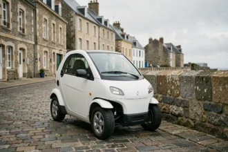 Petite voiture sans permis blanche garée dans une rue pavée de Brest avec façades en pierre bretonne