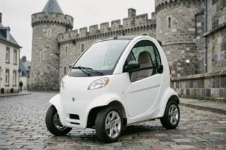 Voiture sans permis blanche garée sur les pavés de Saint-Malo avec les remparts en arrière-plan