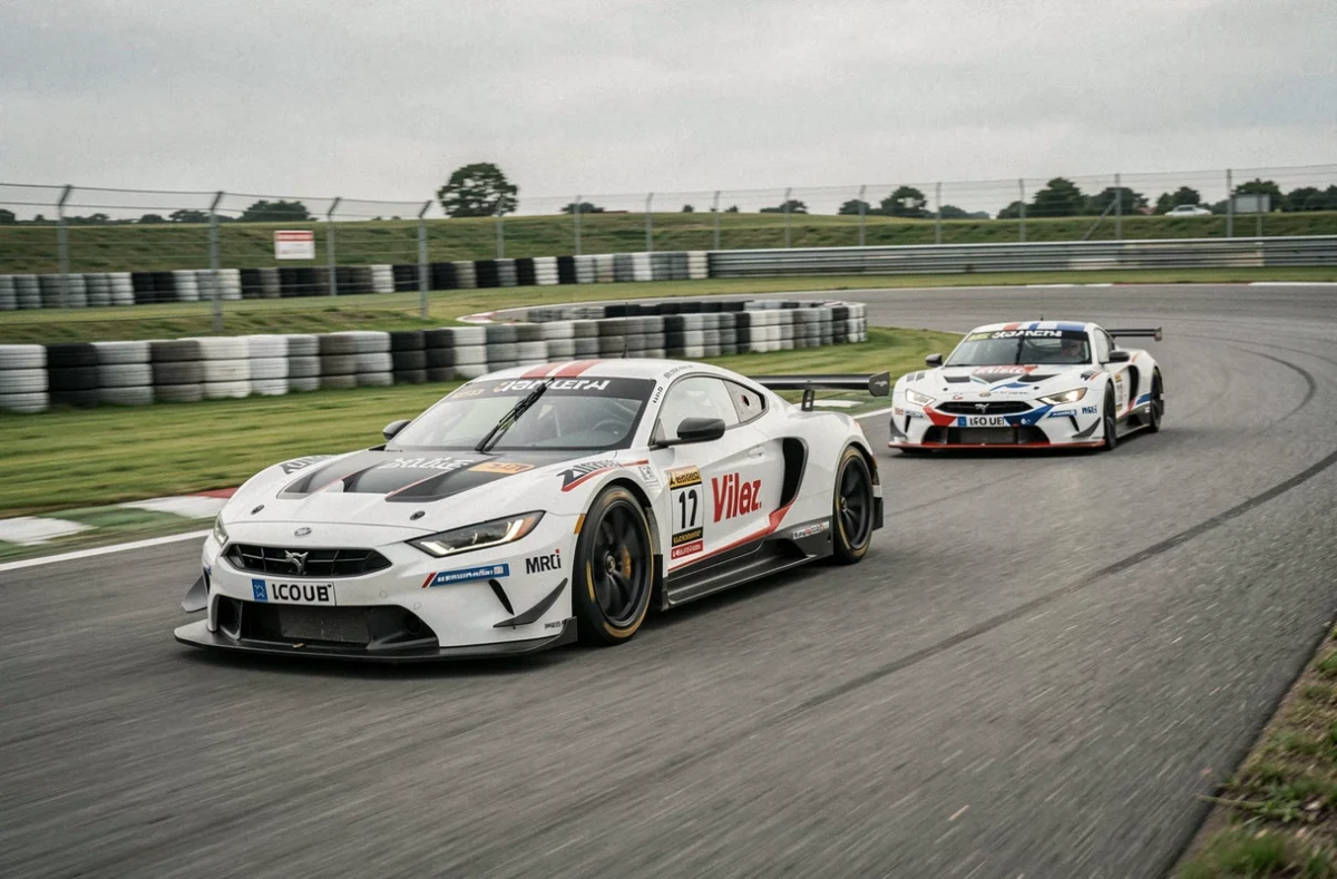 Deux voitures de sport en pleine action dans un virage sur circuit lors d'un stage de pilotage