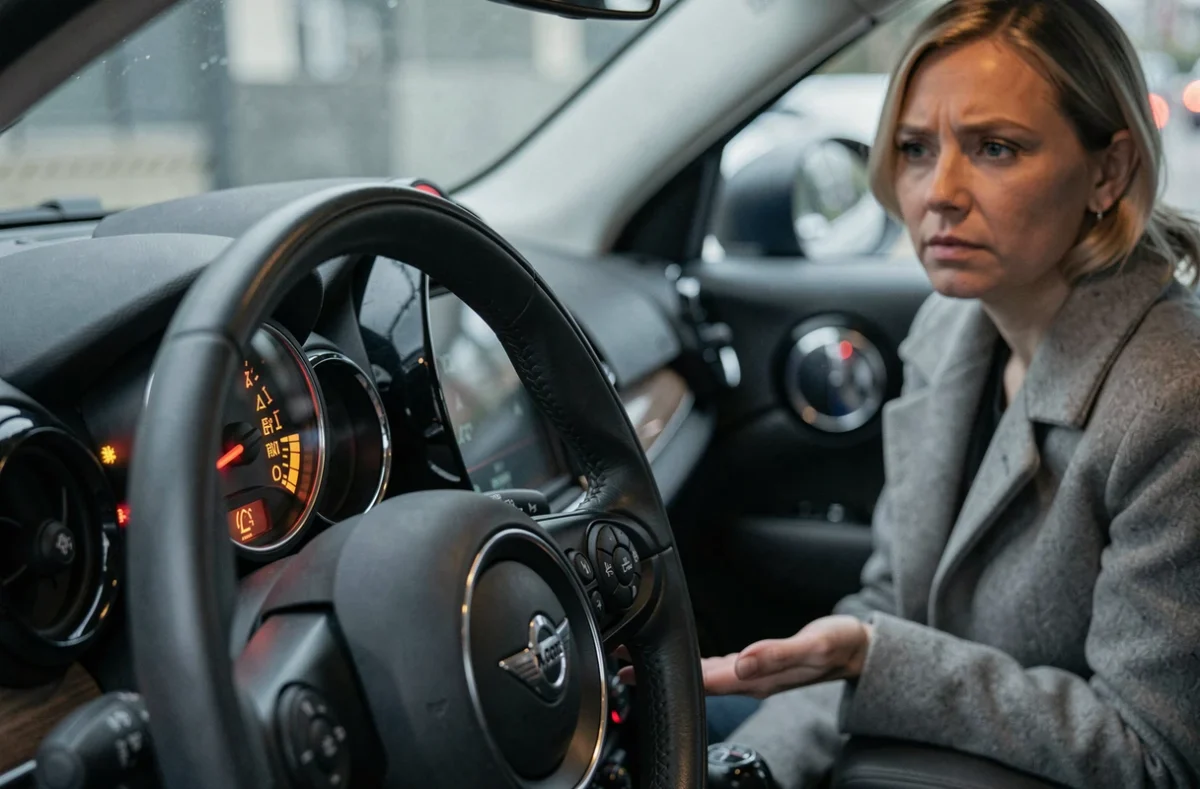 Voyants d'alerte moteur allumés sur le tableau de bord d'une Mini Countryman avec conductrice inquiète