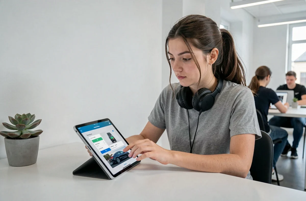 Jeune femme utilisant l'application de code de la route Wee Permis sur une tablette dans un espace moderne à Reims