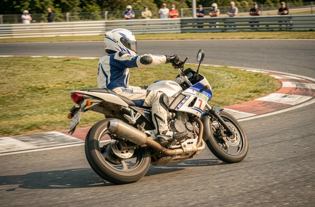 Yamaha TZR 125 en pleine courbe sur circuit lors d'une journée piste loisir avec pilote en combinaison moto