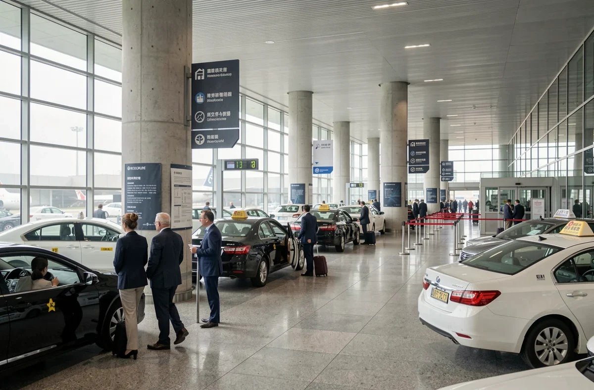 Zone de taxis à l'aéroport avec des voyageurs professionnels optimisant leurs déplacements d'affaires